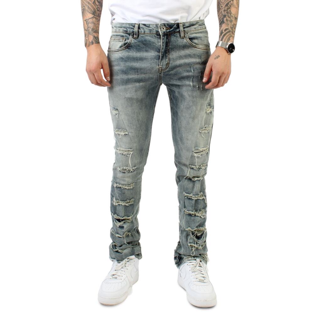 Crysp Denim Men's Fray Flare Stacked Distressed Ripped Skinny Fit Stretch Jeans